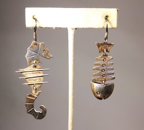 PAIR MEXICAN STERLING SILVER PIERCED EARRINGS, FISH SKELETON & SEAHORSE