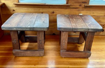 Pair Of Vintage Solid Wood Plank Top  Tables
