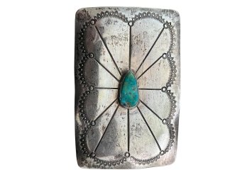 SIGNED Navajo Sterling Belt Buckle With Turquoise Center - Silversmith James Toadlena, C1977