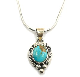 Vintage Mexican Sterling Silver Smooth Chain With Hallmark Ornate Turquoise Pendant