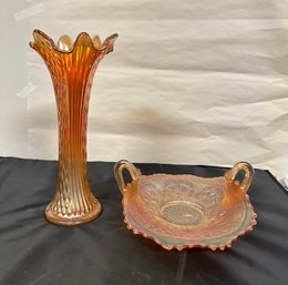 Mari Gold Carnival Glass Vase And  Vintage Fenton Carnival Glass Cherry Circle Bonbon Dish.   Mols/AG-D2