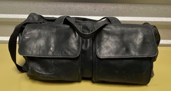 Large Vintage Navy Blue Leather Duffle Bag W/ Shoulder Strap