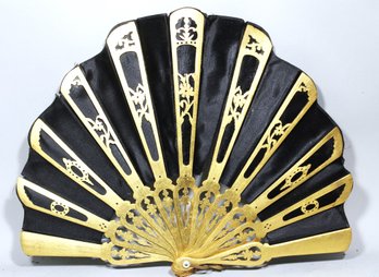 Art Deco Gold Painted Wood And Black Satin Ladies Fan (tear In One Spot Of The Fabric)