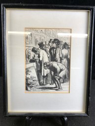 Signed Framed Art Sketch Of Men In A Museum