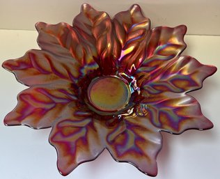 Large Centerpiece Glass Fruit Bowl - Flash Iridescent - Burgundy Magenta - Floral - 18.75 Diameter X 4 3/8 H