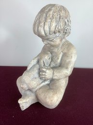 Plaster/composite Boy With Bunny Sculpture