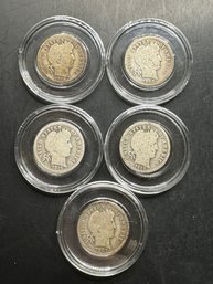 5 Barber Silver Dimes 1907, 1908, 1912, 1913, 1915