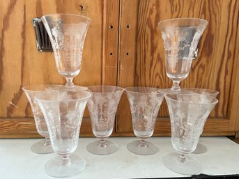 8 Piece Etched Crystal Ice Tea Glasses - Morgantown Mayfair Pattern, Etched Flower Baskets 5.5' Tall