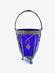 Handblown Cobalt Blue Vessel Inside 3 Toe Brass Caddy/basket