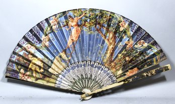 Victorian Ladies Fan Having Figures, Paper And Wood, End Stick Needs To Be Repaired