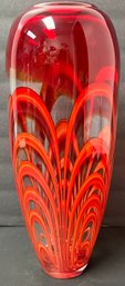 Vintage Art Glass Swirl Vase - Orange Red Clear - Tall Heavy 14 Inches H X 5.5 Widest Point X 2.25 Opening Top