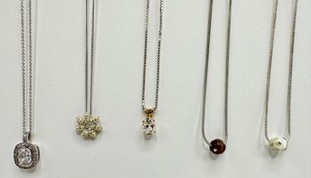 5 Necklaces Including Swarovski Crystal Flower & Smaller Stone Marked 925 Sterling