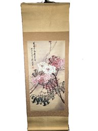 Chinese Watercolor Rose Painting On Silk Backed Scroll