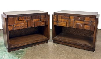 A Pair Of Vintage Mid Century Brutalist Walnut Nightstands, 'Staccato' By Lane Furniture, C. 1970'S