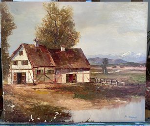 Oil On Canvas Of Barn Signed H. Wagner