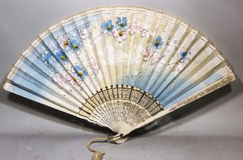 Late Victorian Paper Ladies Fan Decorated With Flowers Having Wood Sticks