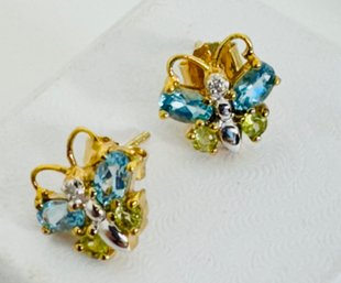 SIGNED CI GOLD OVER STERLING SILVER GEMSTONE AND DIAMOND BUTTERFLY EARRINGS