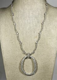 Vintage Signed White Tone Necklace Having Oval Pendant