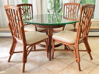 A Vintage Rattan Glass Top Dining Table And Set Of 4 Chairs In Beige Leather