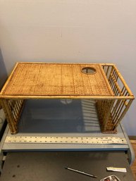 Vintage Wicker Rattan Bed TV Tray Bamboo Lap Breakfast Cup & Magazine Holder