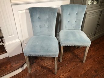 Pair Of Lovely Parsons Chairs With  Chrome Rings On Back - Light Slate Blue Upholstery - Very Nice Pair !