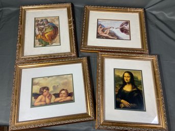 4 Decorative Gold Framed Prints: Mona Lisa, Creation Of Adam, Cherubs, Delphic Sibyl 13x11