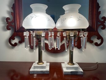 Pair Of Marble Base Brass And Glass Decorative Table Lamps. 16' Tall