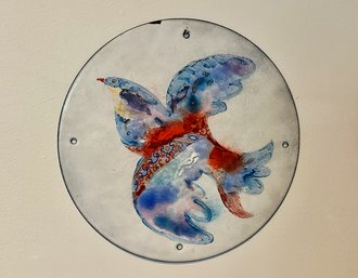 Enameled Colorful Blue Bird On Steel Plate