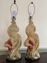 Vintage Pair Of Plaster Rooster's Table Lamps.32' Tall