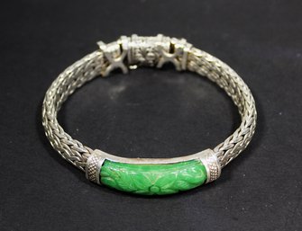 FANTASTIC SUPER HEAVY MEN'S STERLING SILVER BRACELET HAVING CARVED JADE 76.2 GRAMS