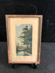 Framed Signed Art Of A Large Tree By A Lake Scene