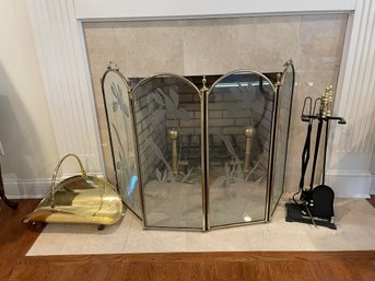 Fire Place Tools, Glass Screen, Log Carrier And Andirons. (Master B.R)