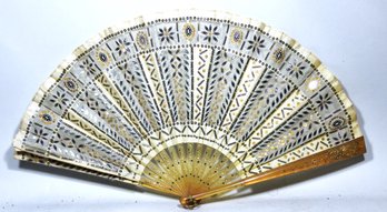 Super Fine Antique Victorian Ladies Fan Sequin Lace And Carved Horn