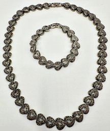 Set Vintage Marcasite Sterling Silver Necklace & Bracelet, Mexico