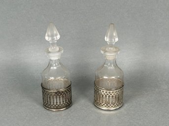 Vintage Cruet Bottles In Silver Plate Holders