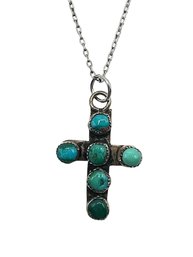 Vintage Sterling Silver Dainty Chain With Turquoise Stone Cross Pendant