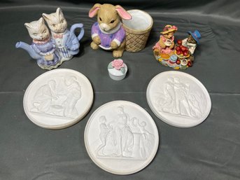 3 Giust Caproni Reproduction HomeDecor, Ceramic Cat Tea Pot, Bunny Pot, Rose Trinket Box, Resin Bears Figurine