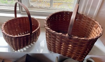 Two Vintage Woven Baskets With Bent Wood Handles