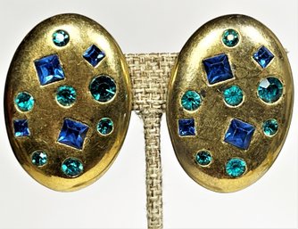 Vintage Gold Tone Blue Rhinestone Designer Earrings Ear Clips Yves St. Laurent