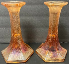Vintage Pair Carnival Glass Candlesticks - Marigold - Crackle Pattern By Jeannette - 7 H - Cobweb - Halloween