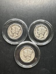 3 Mercury Dimes 1942, 1943, 1945