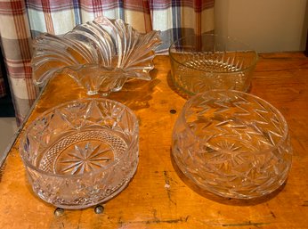 Four Crystal Clear Serving Bowls - Floral Crystal Bowl, Arcoroc France, Waterford Crystal Fruit Bowl.