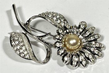 Fine Sterling Silver Paste Flower Form Brooch Having French Clasp