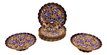 Rare Cobalt Blue, White And Gold Gilt Inverted  Pleat Edge  Plates And Cake Stands  - Copeland China England