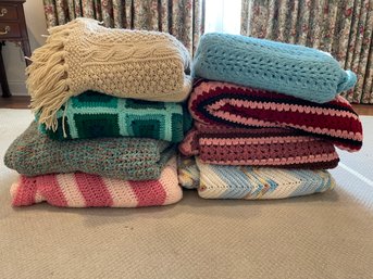 Collection Of Eight Knitted ( 'granny' ) Blankets Afghans