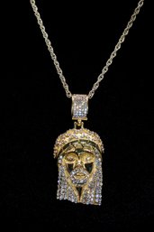 Gold Over Stainless Steel Jesus Pendant With Sparkly Crystals