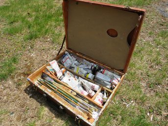 Artist Wood Paint Box With Paint And Brushes