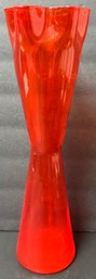 Vintage Art Glass Scarlet Red Orange/Red Vase - Pinched Top - Tall Narrow 12.25 H X 3.5 Top X 3.25 Bottom