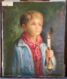 Oil On Canvas Portrait Of A Boy Holding A Candle