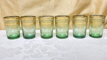 A Set Of 6 Decorative Green & Gold Votive Candle Holders